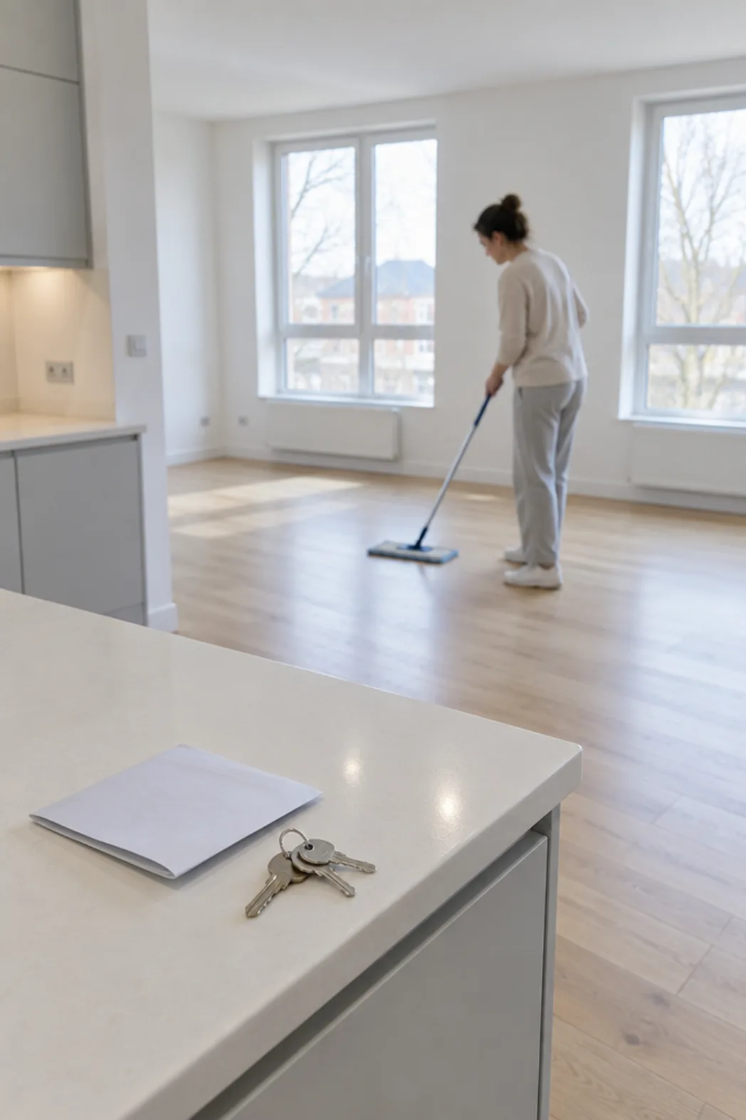A Fresh Quarter cleaner mopping an empty flat