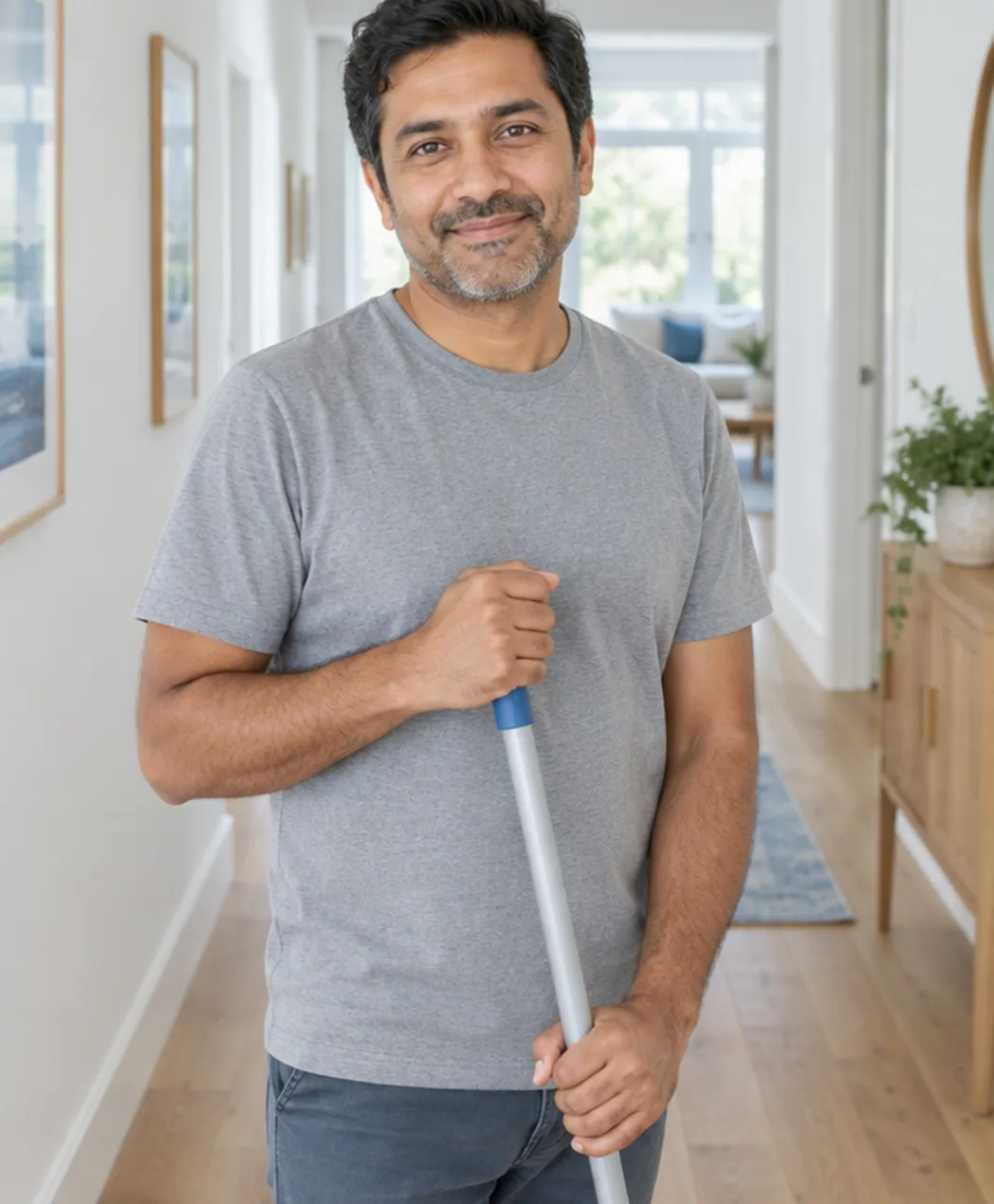 A Fresh Quarter cleaner with a mop in a bright hallway