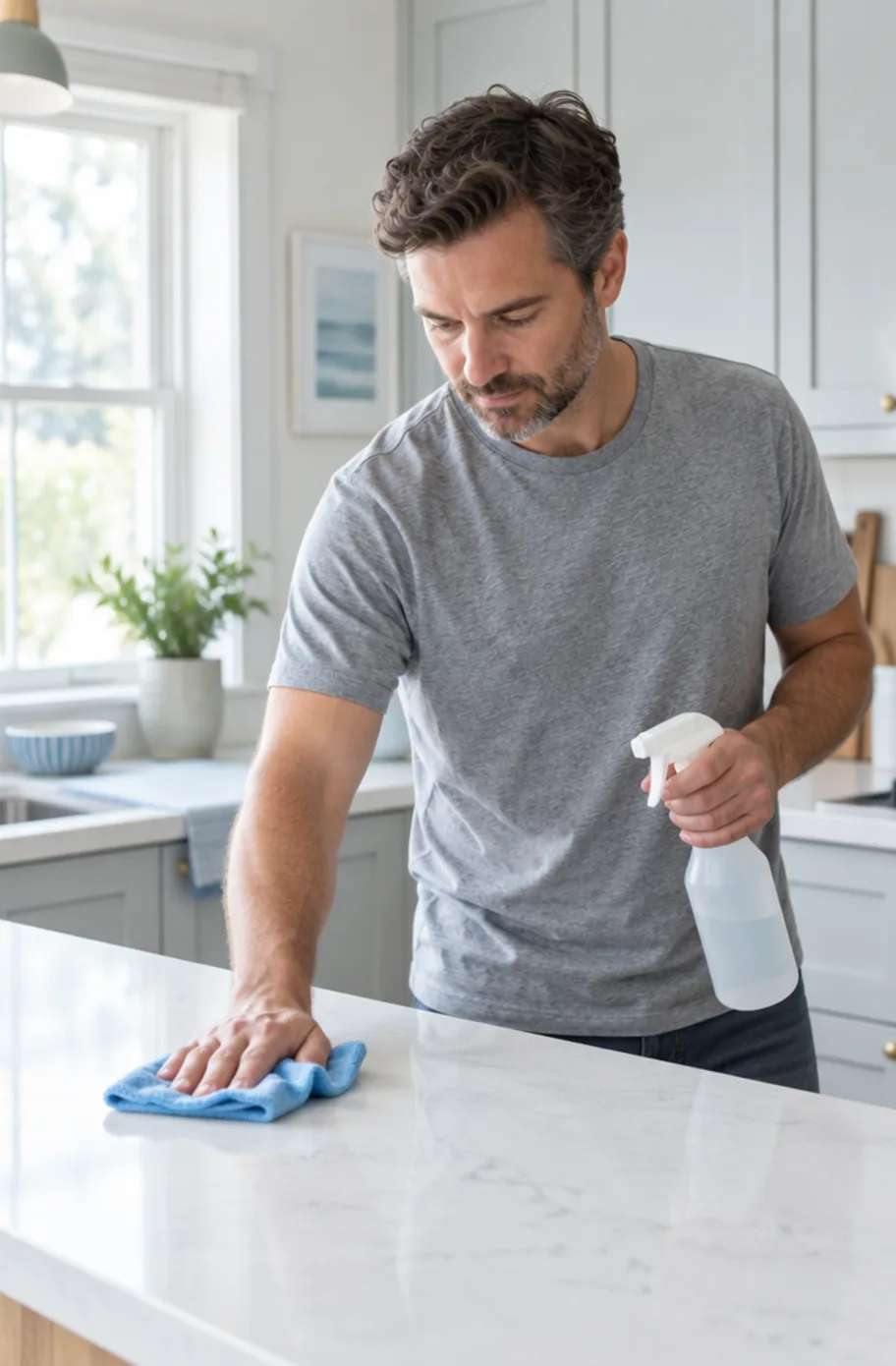 A Fresh Quarter cleaner wiping a kitchen worktop