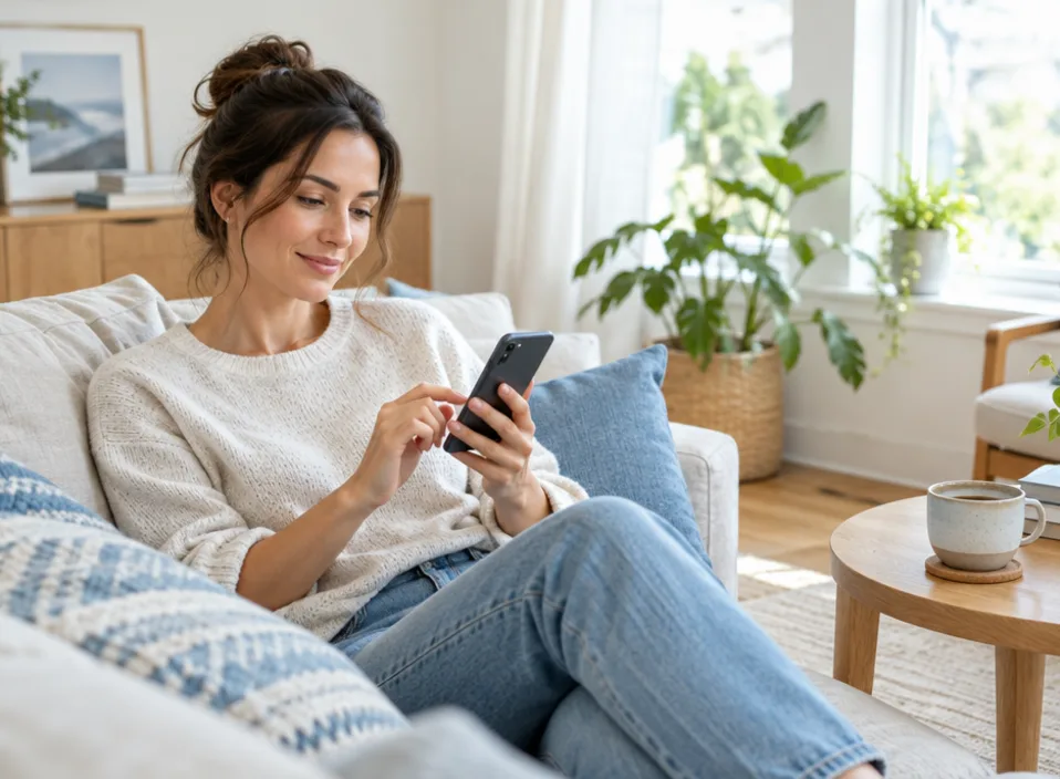 A client changing her plan on her phone from the sofa
