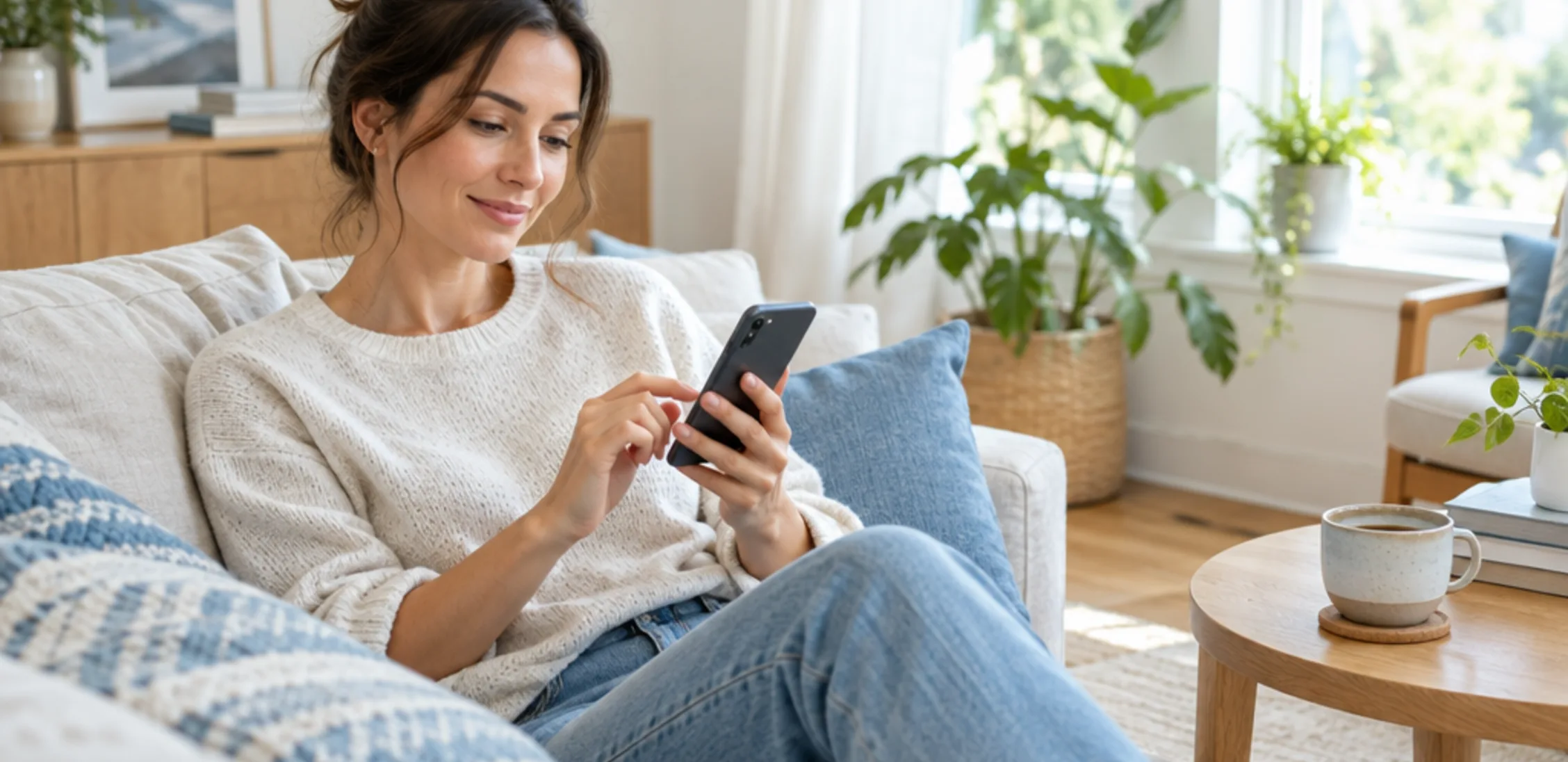 A woman booking a clean on her phone from a tidy living room