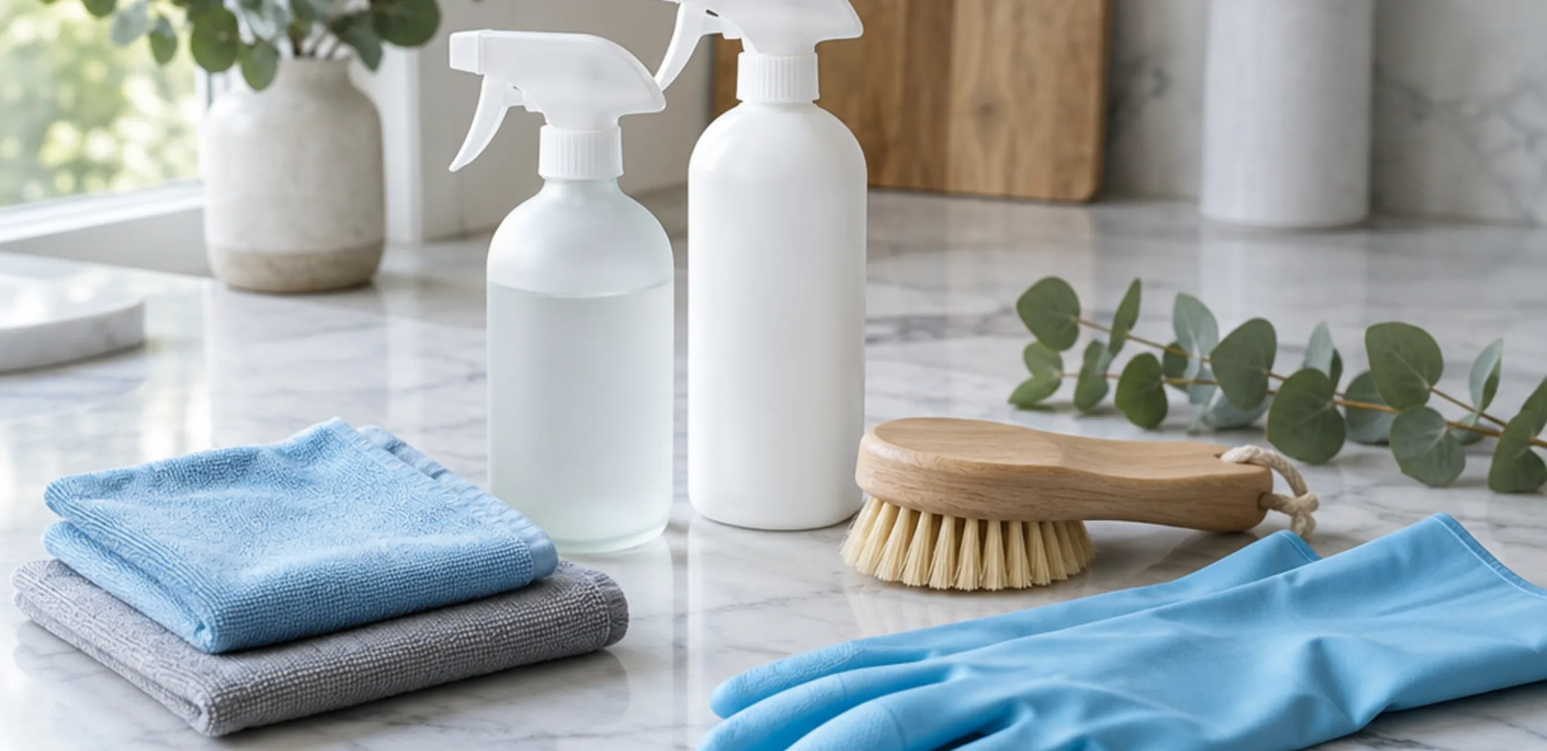 Refillable bottles, microfibre cloths and gloves on a marble worktop