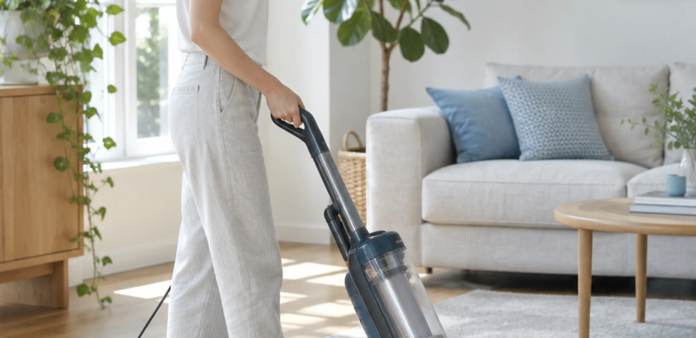 A cleaner vacuuming a rug in a bright living room