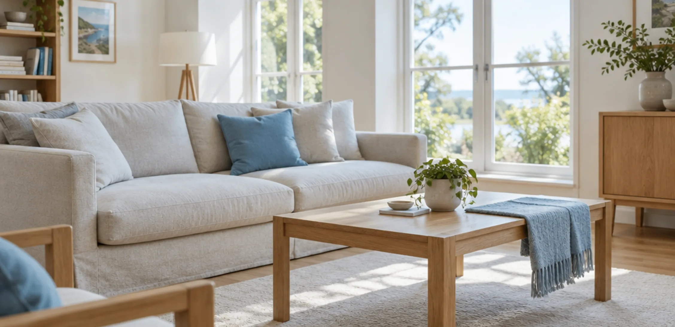A tidy, sunlit living room after a clean