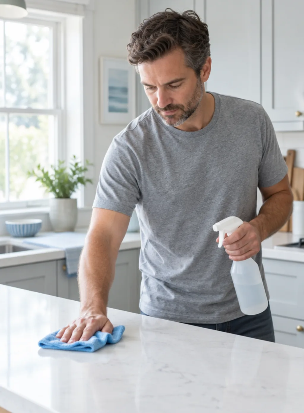 A cleaner wiping down a white kitchen worktop