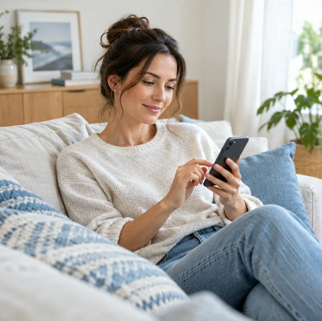 A woman on a sofa filling in the quote form on her phone