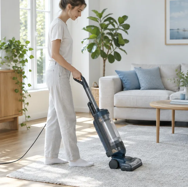 A cleaner vacuuming a rug in a bright living room