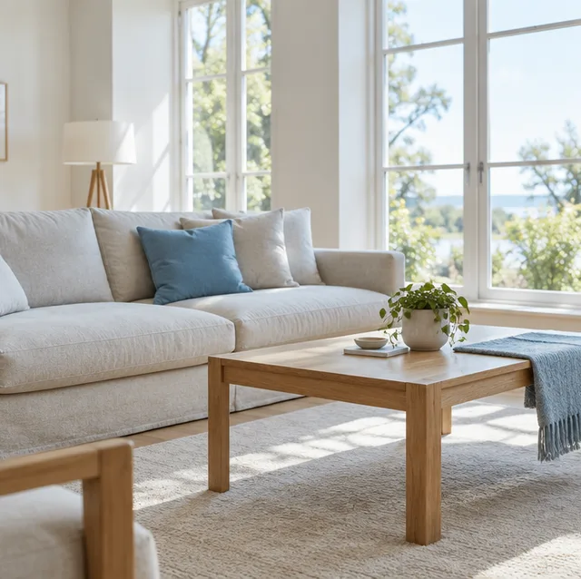 A tidy, sunlit living room after a clean