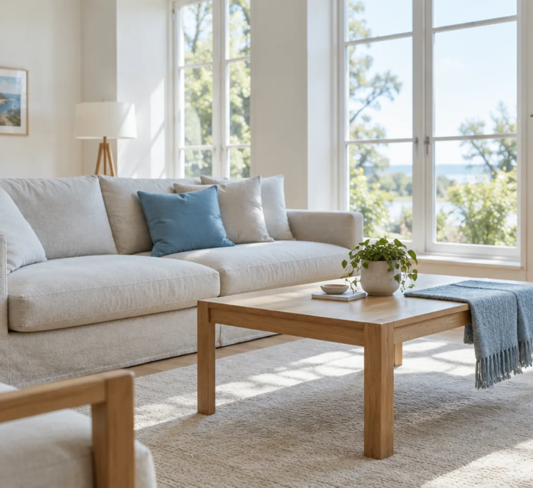 A tidy, sunlit living room with a pale sofa