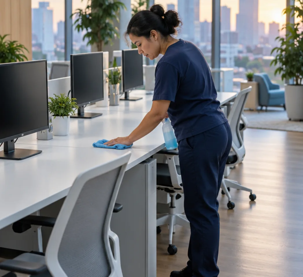 A cleaner wiping desks in an empty open-plan office