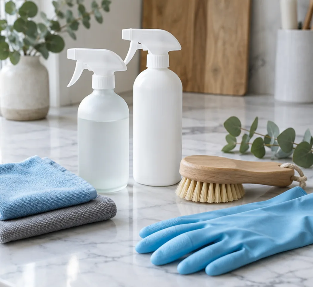 Refillable bottles, microfibre cloths and gloves on a worktop