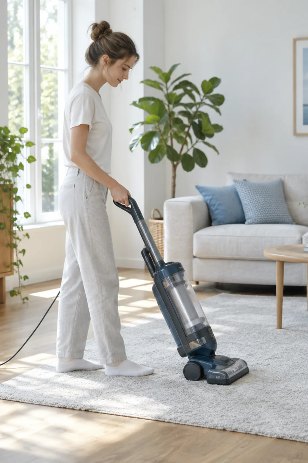 A cleaner vacuuming a pale rug in a sunlit living room