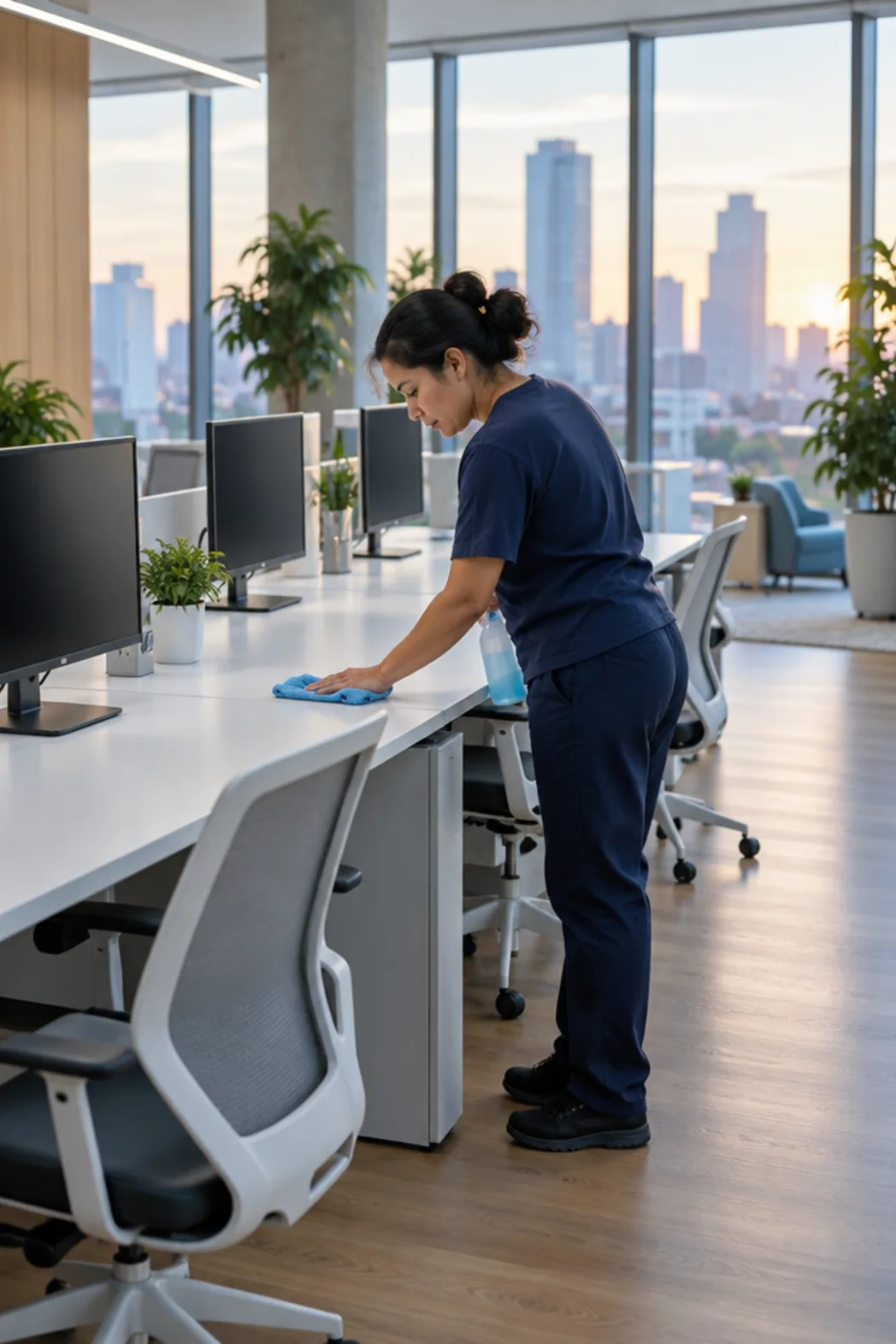 A cleaner wiping desks in an empty open-plan office in the evening
